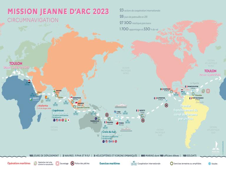 Carte représentant la circumnavigation de la mission Jeanne d'Arc 2023